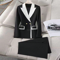 Traje de Dos Piezas Elegante para Mujer con Logotipo Personalizado, Blazer Cruzado con Solapa en Contraste, Pantalón de Pierna Ancha de Cintura Alta, Tallas Grandes