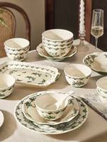 Service de table en porcelaine verte à motifs floraux vintage, vaisselle en céramique sous glaçure, compatible lave-vaisselle et micro-ondes, pour repas en famille