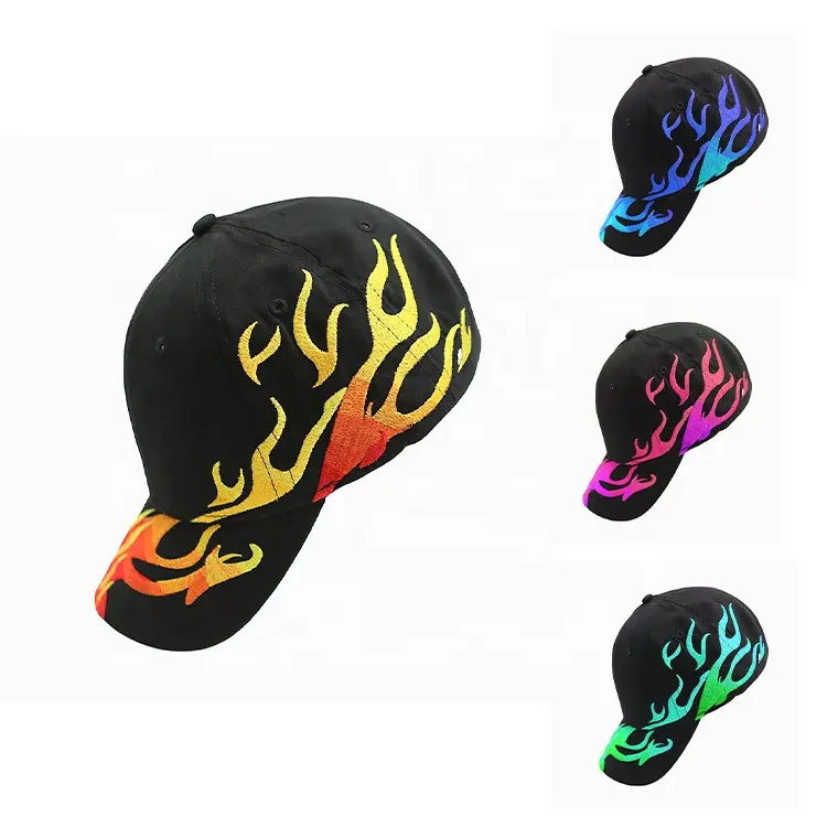 New Trend Cotton Baseball Cap Hat With Embroidered Flames Custom Trucker Hat Red Yellow Flame Embroidery Racing Hat Wholesale