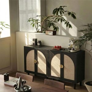 Buffet en rotin noir à <span class=keywords><strong>2</strong></span> <span class=keywords><strong>portes</strong></span> en cannage, style bohème, en bois, pour bar à café, salon, cuisine, couloir (1 pièce) - Product Image 5