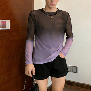 T-shirt à manches longues en maille transparente dégradée pour hommes, col rond, <span class=keywords><strong>style</strong></span> Y2K, streetwear, tailles S-3XL, vente en gros - Product Image 1