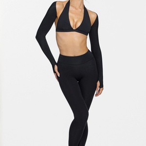 Haut de sport personnalisé avec logo, sexy, à manches longues, avec torsion sur le devant, soutien-gorge de sport, boléro, 3 pièces, leggings de yoga pour femmes - Product Image 4
