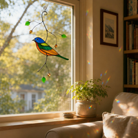 Attrape-soleil en verre coloré Art Déco avec motif d'oiseaux et de fleurs, décoration murale pour fenêtre