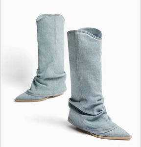 on Botas Mujer Ladies Women Denim Blue Wide Calf Boots for Women - Product Image 2