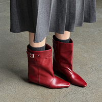 WETKISS Stivali da Donna con Cinturino Retrò e Tacco Basso, Stivali Slouchy in Pelle Scamosciata Nera con Punta Quadrata e Altezza Media