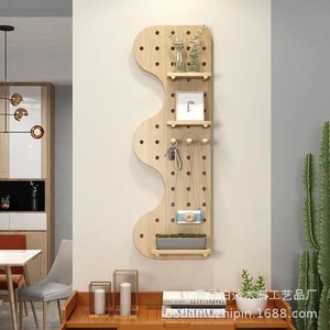 Wooden Irregular Pegboard Wall <b>Shelf</b> With <b>Hooks</b> And <b>Shelves</b> For Storage And Display - Product Image 3