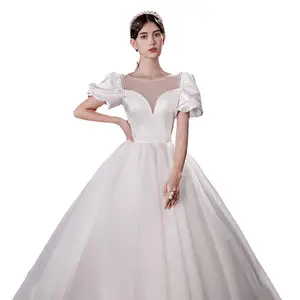 RKK011 한국식 하이 웨이스트 새틴 거즈 신부 임산부 야외 웨딩 드레스