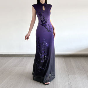 <b>Purple</b> Digital Floral Hollow Stand Collar <b>Maxi</b> Cheongsam Fashion Sexy Elegant Chinese Style High Waist Slim Fit Summer <b>Dress</b> - Product Image 3