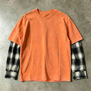 <b>Men's</b> Orange Oversized T-Shirt With <b>White</b> Drip Paint Pattern Contrast Plaid Sleeve Street Style O-Neck Knitted Cotton - Product Image 1