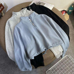 Hoodie <b>Knitting</b> Factory Wholesale Custom Grey Rib Zip Front High Neck Long Sleeve Crop <b>Top</b> Hoodie Sweatshirt for <b>Women</b> - Product Image 4