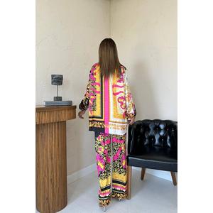 Ensemble chemise jaune en satin et pantalon à motifs pour femme, manches longues, respirant, style bohème - Product Image 1