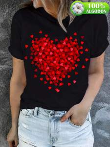 T-shirt da donna in puro cotone con stampa a cuore, manica corta, girocollo, casual, per l'estate e la primavera - Product Image 3
