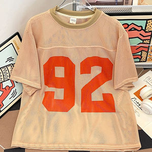 Camiseta de Verano Vintage Unisex Azul Oversize de Malla Transpirable con Estampado y Cuello Redondo, Manga Corta, Versátil - Product Image 5