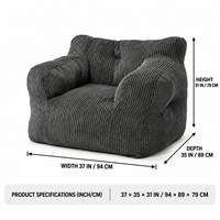 Fauteuil club moderne en velours côtelé large couleur anthracite, rempli de mousse déchiquetée, compressé sous vide, avec assise profonde, pour salon