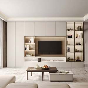 Ensemble de meuble TV mural moderne Santopova avec étagères en verre à LED et rangement intégré pour le salon - Product Image 1