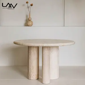 מקצועי מותאם אישית טבעי בציר בז 'טרוורטין עגול אוכל שולחן אבן פטיו שולחן עם 3 רגליים עגולות