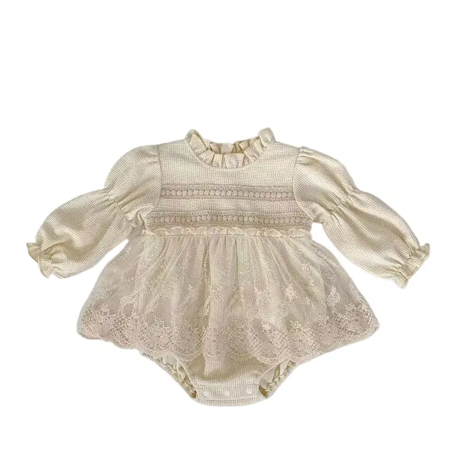 Grosir pakaian perempuan 100% katun Romper butik anak-anak gaun Onesie krem wafel sambung bordir renda bunga bayi