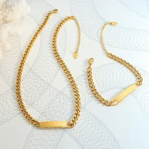 Hip Hop Geometric Long Stainless Steel Bracelet Necklace Set Plated 18k Real Gold Joyas De Acero Inoxidable accesorios mujer