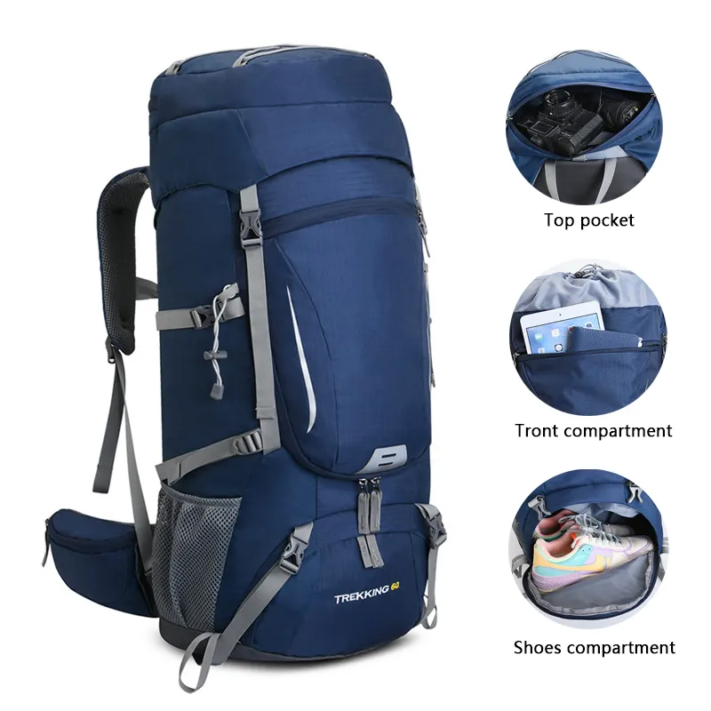 Manufacturer Custom 60L Outdoor Hiking Backpack Large Capacity Adventure Camping Traveling Heavy Duty Hiking Trek Backpack
