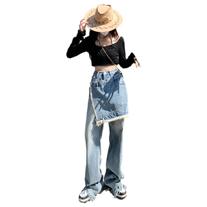 Jean en denim personnalisé pour <span class=keywords><strong>femme</strong></span>, taille haute, <span class=keywords><strong>coupe</strong></span> large, avec superposition jupe portefeuille, ourlet à franges brutes, effet délavé et usé - Product Image 5