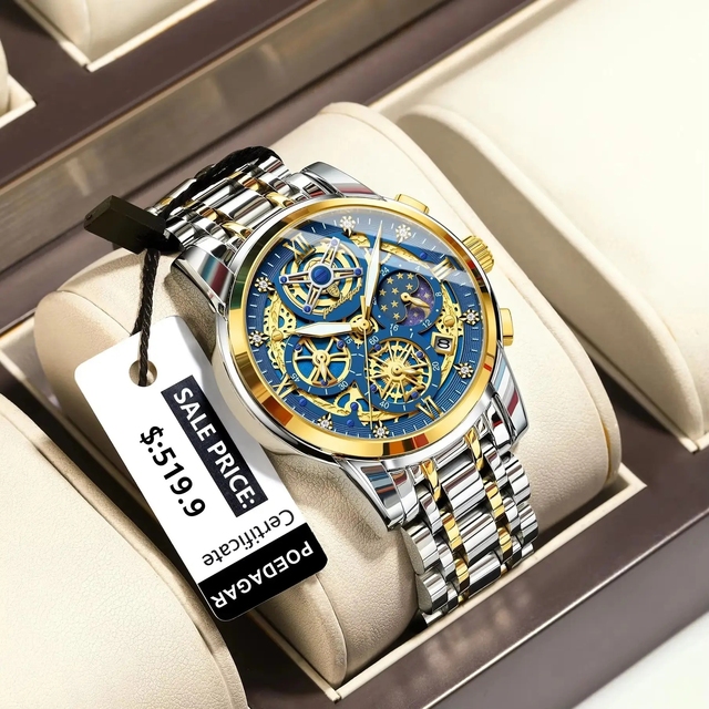 POEDAGAR 984 Fashion Star Sky Unique Diamonds Dial Auto Date Display Men Stainless Steel Strap Multi Function Waterproof Watches