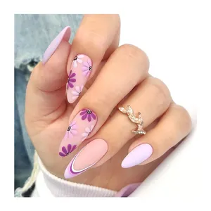 Top Selling High Quality Press On Nail French Style Design Flower Purple Painting Almond Durable Detachable Reusable False Nail