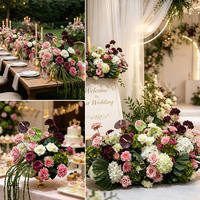 Longue décoration florale artisanale en soie douce pour arche de mariage, centre de table, bord de scène, allée et sol, couleurs rose poudré, bordeaux et vert sauge