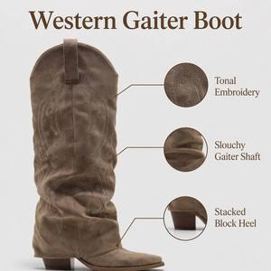 Stivali da Cowboy in Camoscio da Donna con Logo Personalizzato OEM, Gambale Morbido, Ricamo Tono su Tono e <span class=keywords><strong>Tacco</strong></span> Cubano a Pila - Product Image 4