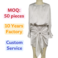Robe élégante en satin à nouer devant, manches longues, mini-robe avec poignets à volants, taille nouée, robe de soirée, cocktail, banquet pour femmes