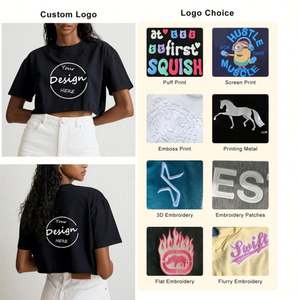 Camiseta negra de algodón de alta calidad personalizada, Camiseta deportiva de verano con cuello redondo liso, camiseta recortada con estampado de dobladillo crudo de gran tamaño para mujer - Product Image 3