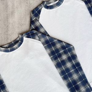 Custom <b>Patchwork</b> Plaid Design Thermals Waffle Knit Long Sleeve <b>Shirts</b> 100% Cotton High Quality Waffle Knit Long Sleeve <b>Shirts</b> - Product Image 2