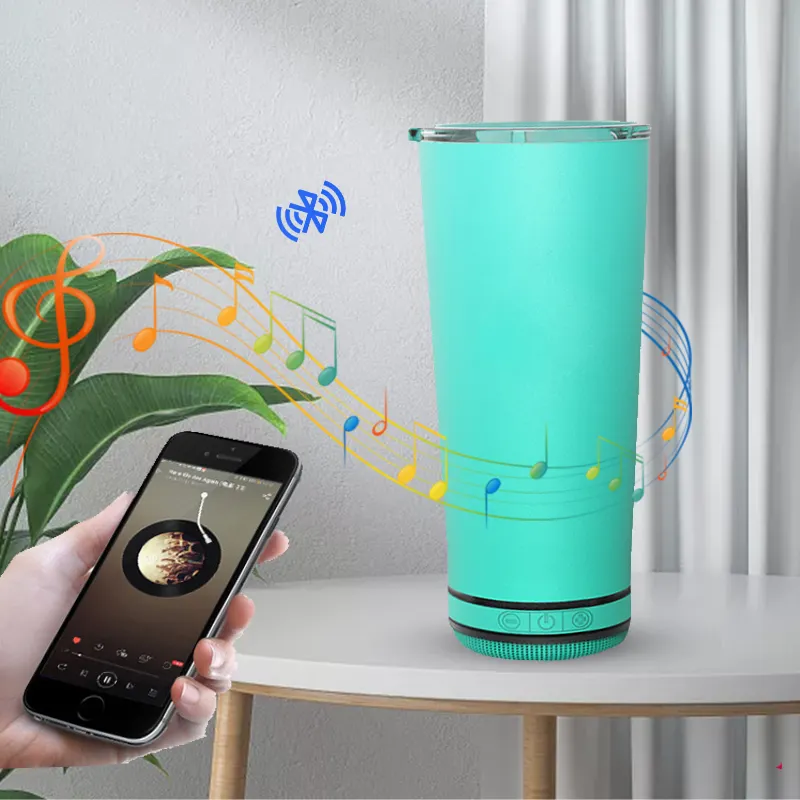 Customized 500ml Blue Stainless Steel Double Wall Car Travel Coffee Tumbler Mug With Blue Tooth Speaker and Lid