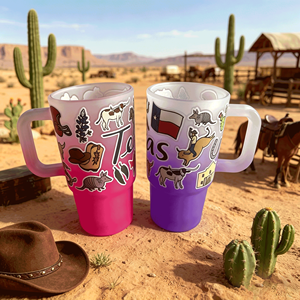 Vaso de Vidrio Esmerilado con Degradado y Asa, con Impresión de Adhesivo del Estado de Texas, Taza de Agua de Viaje, Souvenir Vaquero del Oeste - Product Image 1