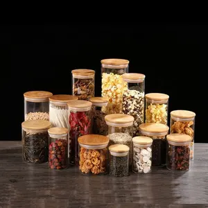 Wholesale food storage jar glass jar canister for kitchen organizer transparent with bamboo lid