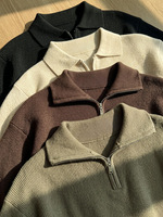Pull tricoté à col montant et demi-zip pour homme, collection Automne/Hiver 2026 – Style rétro américain décontracté avec capuche