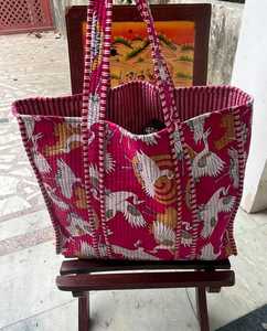 Bolso de Mano Acolchado de Algodón con Estampado de Bloques, Espacioso, para Artículos Esenciales Diarios, Compras, Viajes - Product Image 3