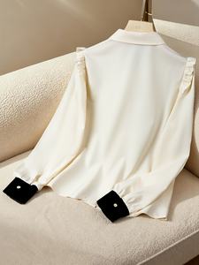 Elegante Camisa de Estilo Francés con Mangas Holgadas Tipo Globo |   Blusa de manga larga con bloques de color para mujer, cuello vuelto, estilo vintage, color liso - Product Image 2