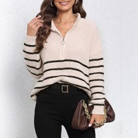 Pull en laine d'hiver pour femme, style preppy décontracté, tricoté à rayures, col semi-ouvert zippé, manches longues, coupe ample et épaisse