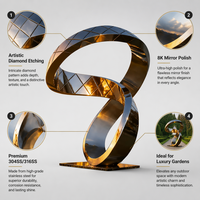 Sculpture abstraite moderne en acier inoxydable poli doré, motif diamant, anneau de Möbius, ornement paysager de jardin