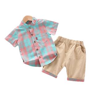 Commerce extérieur Style coréen tenue d'été enfants garçons filles à la mode deux pièces décontracté chemise en coton à manches courtes ensemble Plaid Stand - Product Image 1