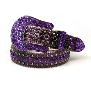 Cinturón de cuero PU con patrón de cocodrilo morado y cristales estilo western, listo para enviar, cinturón de diamantes brillantes al por mayor para fiestas - Product Image 3