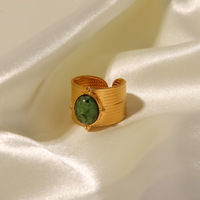 MW Damenmode 18 Karat vergoldeter breiter Edelstahl ring mit Naturstein einlage-offenes und verstellbares Design