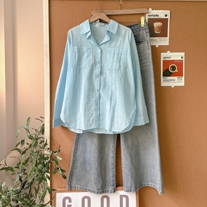 Chemise en lin taille unique pour femme L730 avec une poche élégante, couleur unie, décontractée, printemps-été, fabriquée au Vietnam - Product Image 1