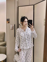 Pyjamas Printemps/Été/Automne - Cardigan en Soie à Manches Longues pour Femmes, Vêtements de Maison Décontractés, Ensemble Cartoon Populaire
