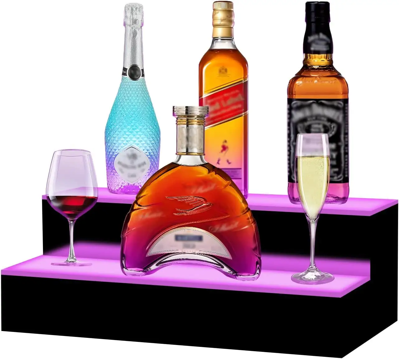 Estante de exhibición de acrílico de botella de licor con luz LED de 2 escalones transparente personalizado estante de botella de vino de mesa para exhibición solamente