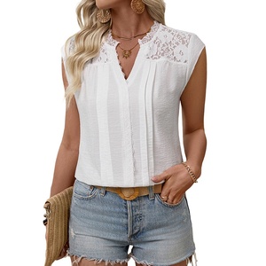 Camicetta Estiva 2026 Nuovo Stile Tinta Unita con Inserti in <span class=keywords><strong>Pizzo</strong></span>, Elegante Camicia da Donna a <span class=keywords><strong>Maniche</strong></span> <span class=keywords><strong>Corte</strong></span> con Scollo a V - Product Image 5