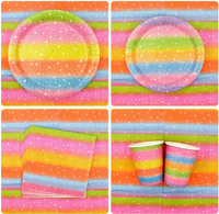 Assiettes, gobelets, serviettes, nappes, pailles, bannières, guirlandes, décorations de gâteau, ballons et fournitures pour fête d'anniversaire arc-en-ciel pastel