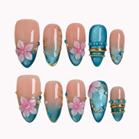 Ongles à presser en acrylique transparent style Océan, dégradé bleu-rose, fleur de cerisier 3D, ornement doré, perle, strass, forme amande, personnalisés