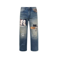 Jean en denim vintage Huanqiu pour homme – Jean streetwear déchiré à taille mi-haute avec patchwork et empiècements en denim tissé