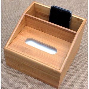 Caja de pañuelos de bambú rectangular, organizador de escritorio multiusos con soporte para teléfono - Product Image 5
